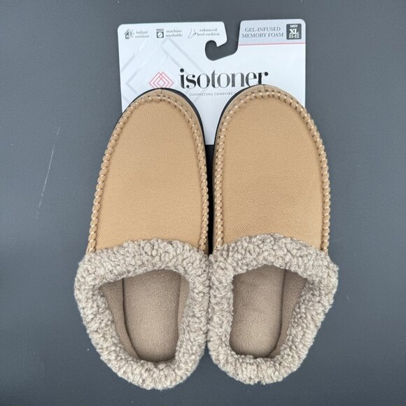 Isotoner Slippers Mens Size XL 11-12 Memory Foam Tan Buckskin Sherpa Lining - Picture 2 of 5
